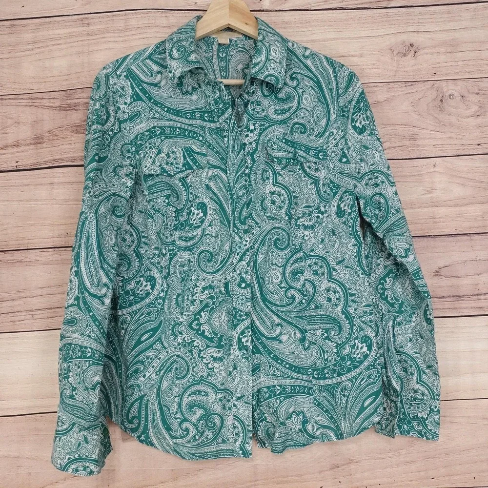 Michael Kors Button-Up Womens M Green Paisley Collared Long Sleeve Shirt